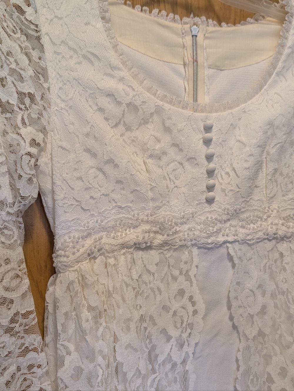 Retro 1960's Lace Long Sleeve Empire Waist W/ Button & Beading Wedding Dress XS